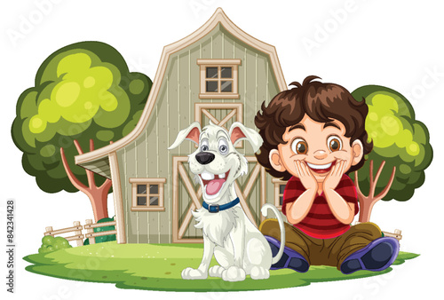 Happy boy with dog near barn
