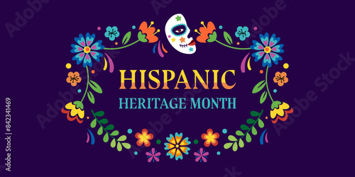 Hispanic heritage month. Vector web banner, poster, card for social media, networks. Greeting with national Hispanic heritage month text, floral pattern and Calavera mask on blue background.