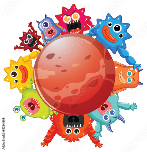 Cute monsters surrounding a red planet