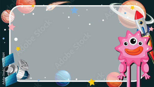 Colorful space scene with planets and rocket