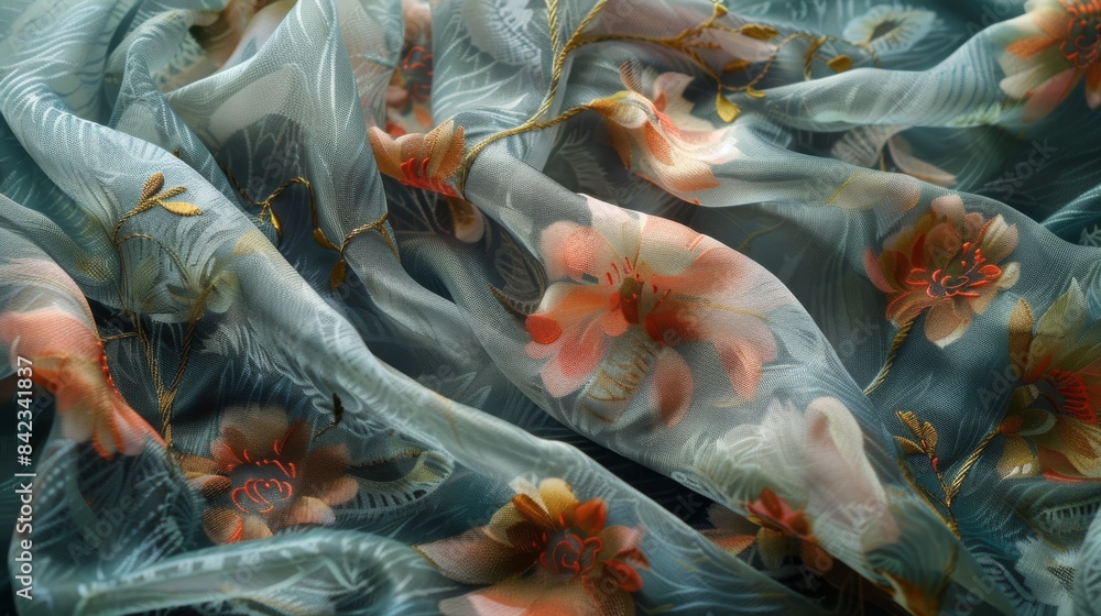 Fototapeta premium The image shows a close-up of a colorful floral fabric with blue and orange hues. The fabric is made of a soft and lightweight material and has a delicate floral pattern.