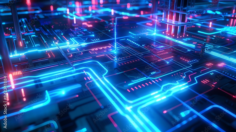 3D rendering of a futuristic circuit board with glowing blue and red neon lights. 3D rendering of a futuristic circuit board with glowing blue and red neon lights.