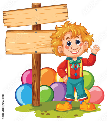 Happy boy waving near colorful balloons