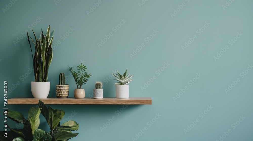 An image featuring an assortment of potted houseplants on a wooden shelf against a soothing teal-colored wall An image featuring an assortment of potted houseplants on a wooden shelf against a soothing teal-colored wall