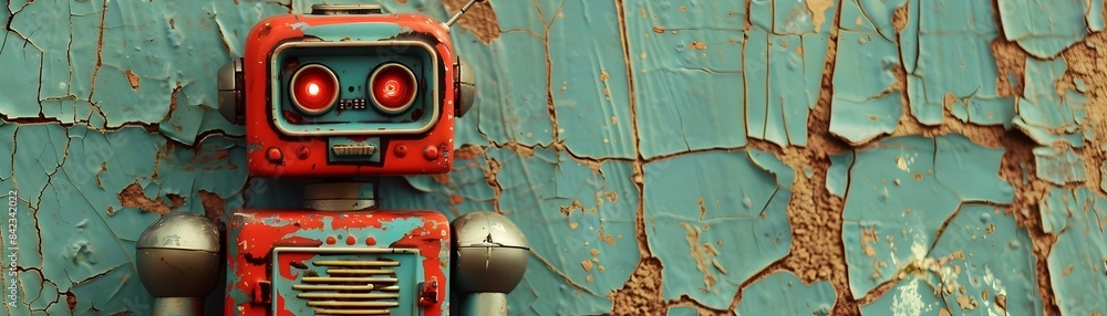 Fototapeta premium Vintage Neon Robot on Cracked Wall Background Showcases Futuristic Retro Vibes