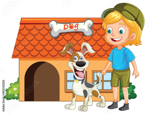 Happy boy with dog near doghouse