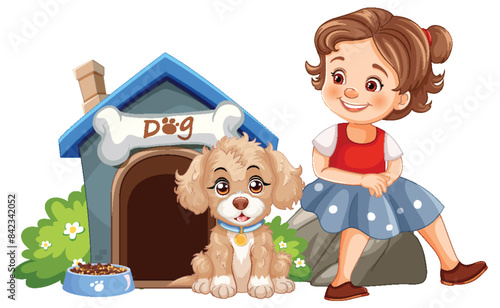 A girl and her puppy outside