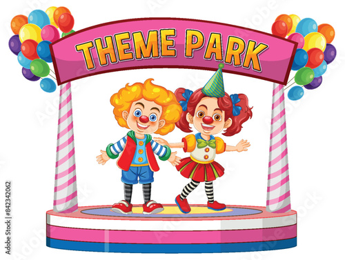 Two clowns welcoming at theme park