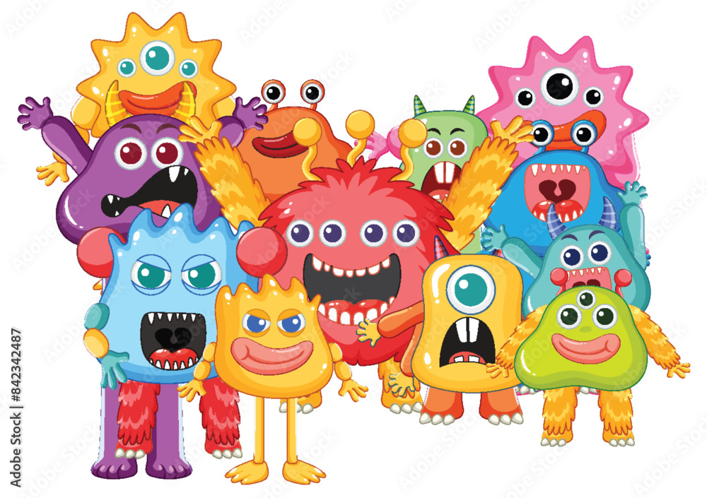 Naklejka premium A group of cheerful, colorful cartoon monsters