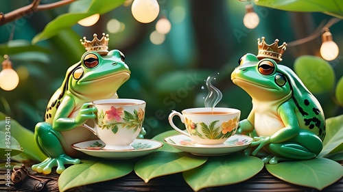 Royal Frog Tea Party: Two adorable frogs, adorned with golden crowns, enjoy a cozy tea party in a whimsical forest setting, surrounded by twinkling lights and lush greenery. A perfect image for whimsi photo