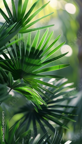 Close-up photograph of palm fronds with their long  slender leaves radiating outward