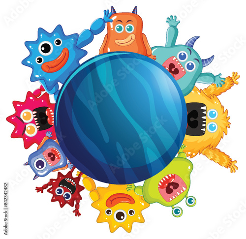 Cute monsters surrounding a blue planet