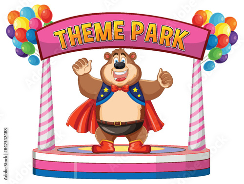 Bear in superhero costume at theme park entrance