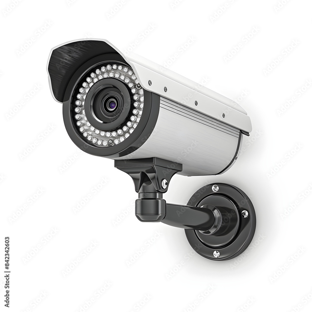 A wall-mounted CCTV security camera isolated on a white background. It is used for surveillance and monitoring to ensure safety and crime prevention. A wall-mounted CCTV security camera isolated on a white background. It is used for surveillance and monitoring to ensure safety and crime prevention.