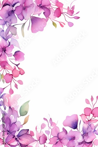 bougainvillea themed frame or border for photos . featuring bright pink and purple flowers. watercolor illustration, white color background. 