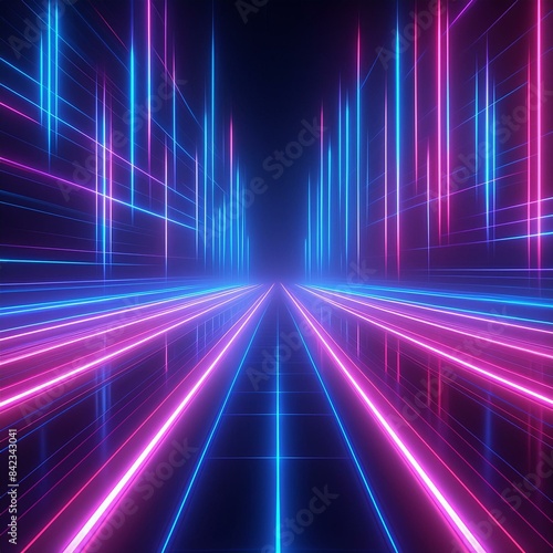 Blue pink and purple neon glow laser beam light lines moving fast,digital, high speed internet, cyberpunk, techonogy backdrop. futuristic abstract background. © Nicolas
