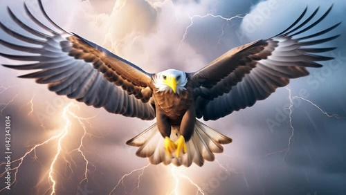 An eagle with outstretched wings soars through a thunderstorm filled with lightning bolts. The dramatic backdrop of dark clouds and flashing lightning highlights the eagle's powerful flight.  photo