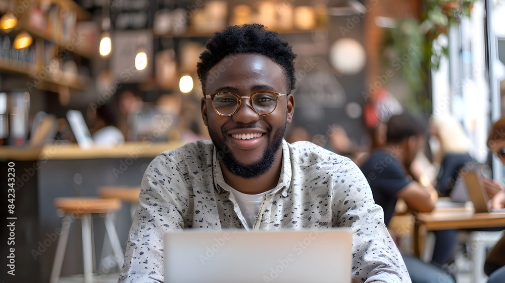 Obraz premium Man working on laptop in a cafe, freelance model with computer, casual and modern atmosphere, representing technology and business.