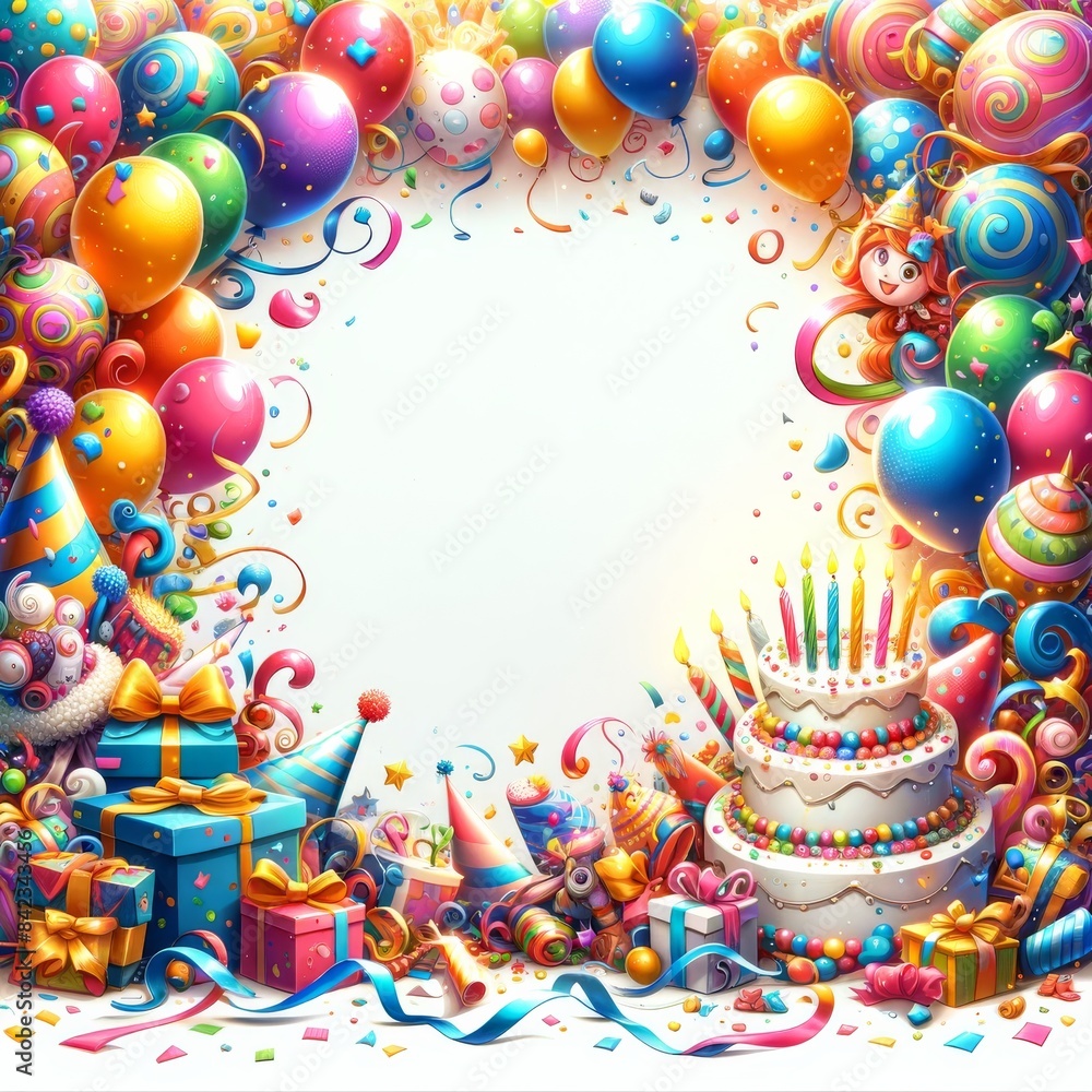 Birthday Background with festive elements balloons, cake, confettis, happy birthday