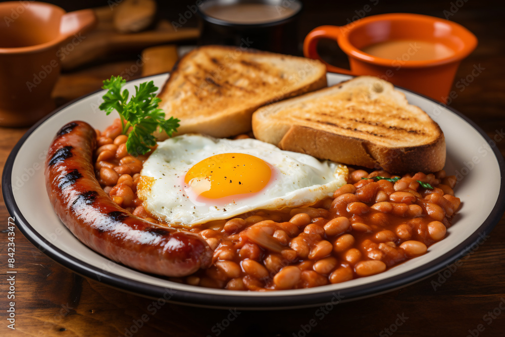 Full English breakfast with baked beans, fried egg, sausage and bread Full English breakfast with baked beans, fried egg, sausage and bread