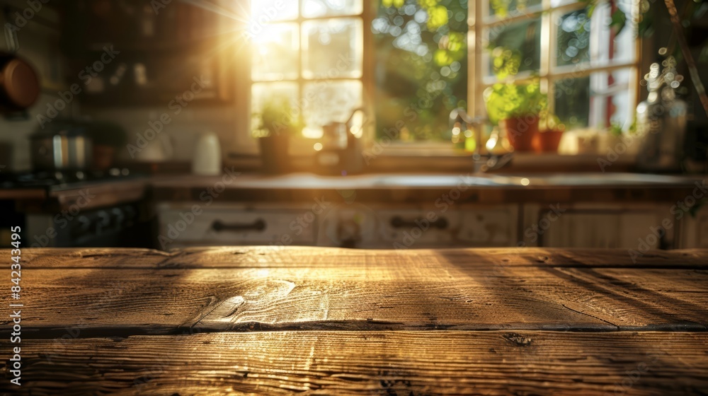 Weathered wooden table on a blurred background of a rustic kitchen Weathered wooden table on a blurred background of a rustic kitchen