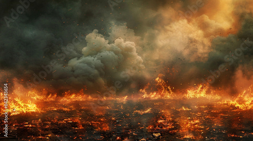  a war-torn landscape background. depict a desolate battlefield with extensive fire billowing smoke. The ground is charred and littered with debris. sky is dark and filled with dense smoke clouds