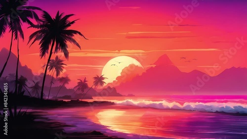 A Serene Tropical Sunset: The Radiant Glow Over Tranquil Waters and Silhouetted Palms