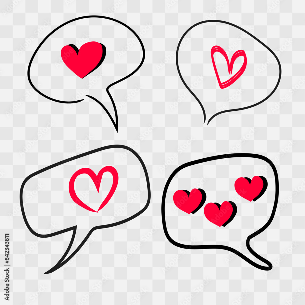 Set of red heart icons in speech bubble. Flat vector design on transparent background. Hand drawn illustration Set of red heart icons in speech bubble. Flat vector design on transparent background. Hand drawn illustration
