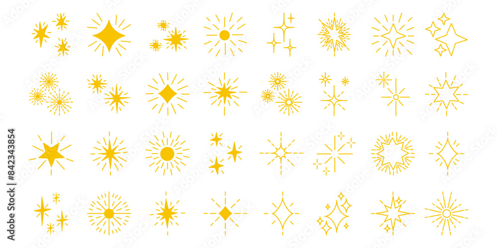 Set yellow, gold, orange star sparkles symbols. Set yellow, gold, orange star sparkles symbols.