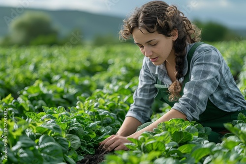 Wallpaper Mural Young woman farmer on the field plants seedlings, processing the plant Torontodigital.ca