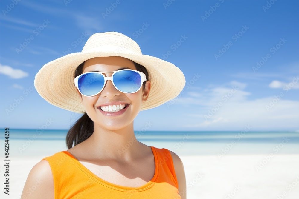 A woman wearing a white hat and sunglasses is smiling at the camera A woman wearing a white hat and sunglasses is smiling at the camera