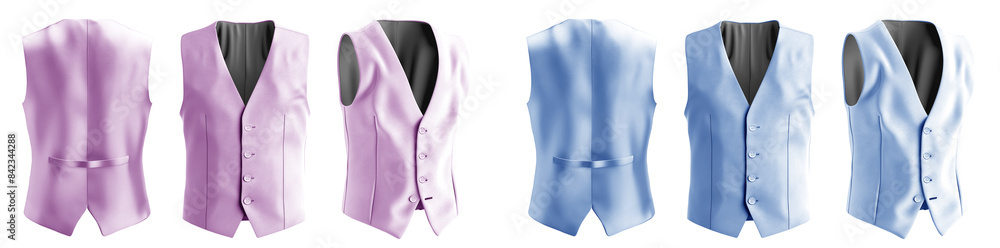 2 Set of pastel light blue purple tailored smart suit vest button waistcoat coat, front back side view on transparent background cutout, PNG file. Mockup template for artwork design 2 Set of pastel light blue purple tailored smart suit vest button waistcoat coat, front back side view on transparent background cutout, PNG file. Mockup template for artwork design