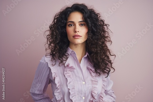 A woman with curly hair is wearing a pink shirt with ruffles