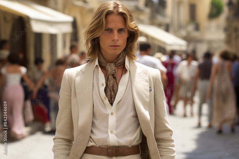 A man in a white suit and scarf stands in front of a crowd of people A man in a white suit and scarf stands in front of a crowd of people