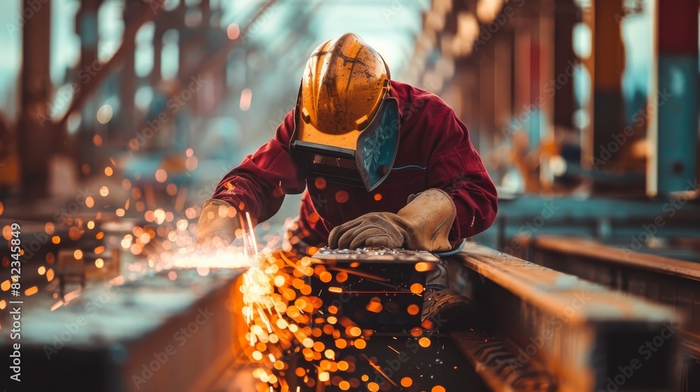 A construction worker wearing safety gear welds metal beams, sparks flying in the air. A construction worker wearing safety gear welds metal beams, sparks flying in the air.