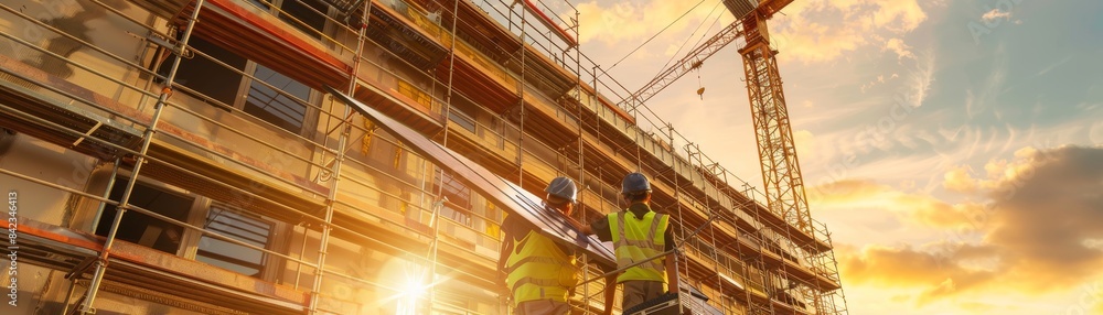 Construction worker on scaffolding against a sunset sky. Construction worker on scaffolding against a sunset sky.