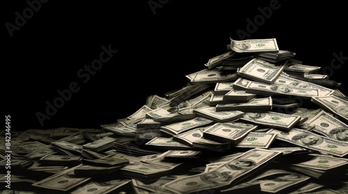 A large, dark image showing a heap of hundred-dollar bills creating an impression of abundance photo