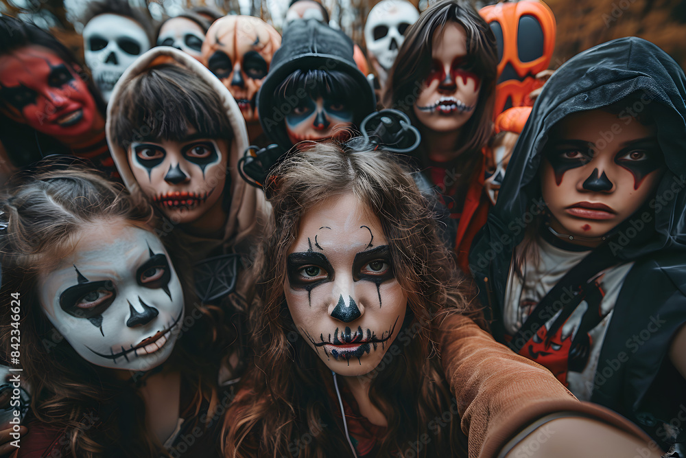 Selfie of group of people in Halloween costumes and makeup making funny faces, capturing the festive and playful atmosphere of the celebration. Selfie of group of people in Halloween costumes and makeup making funny faces, capturing the festive and playful atmosphere of the celebration.