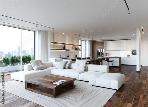 Modern luxury living room and dining area in a high end apartment with a white sofa
