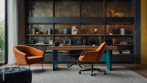 contemporary homeoffice featuring a mix of textures and materials, with bold colors and innovative furniture