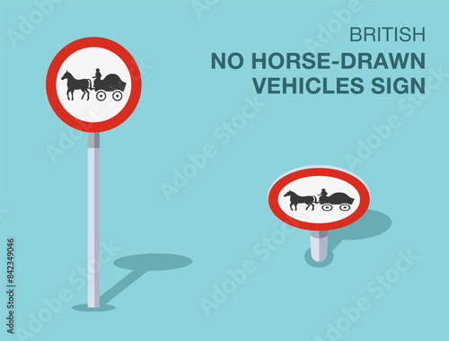 Traffic regulation rules. Isolated British "no horse-drawn vehicles" road sign. Front and top view. Flat vector illustration template.