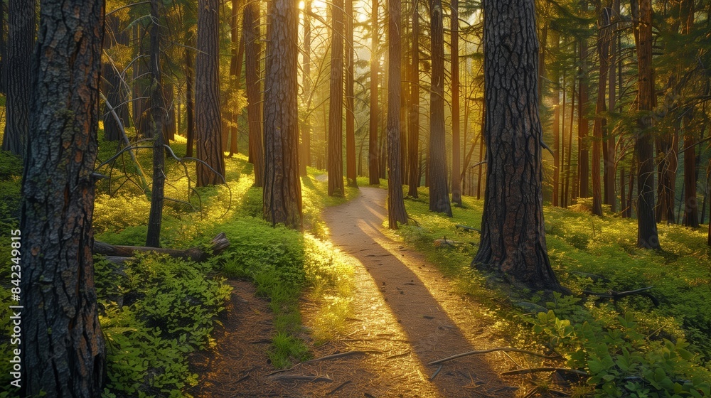 Fototapeta premium A lush forest trail winds through ancient trees, with sunlight symbolizing a pension's journey to a bright future.