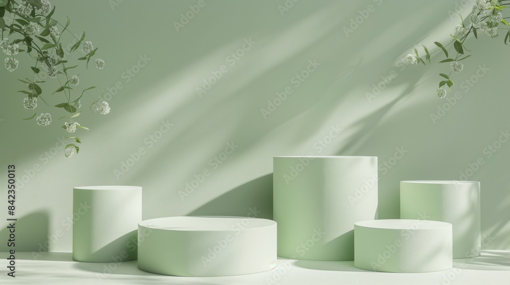 Five Minimalist Green Toned Round Podiums for Product Presentation on Empty Background. Ideal for E-commerce and Advertising Displays, Showcasing Minimalist Style and Elegance Five Minimalist Green Toned Round Podiums for Product Presentation on Empty Background. Ideal for E-commerce and Advertising Displays, Showcasing Minimalist Style and Elegance