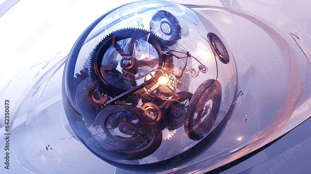 glass effect 3D gears and arrows interlocking around the ball glass effect 3D gears and arrows interlocking around the ball