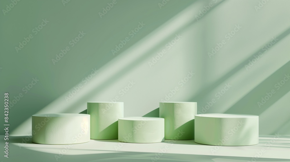 Five Minimalist Green Toned Round Podiums for Product Presentation on Empty Background. Ideal for E-commerce and Advertising Displays, Showcasing Minimalist Style and Elegance Five Minimalist Green Toned Round Podiums for Product Presentation on Empty Background. Ideal for E-commerce and Advertising Displays, Showcasing Minimalist Style and Elegance