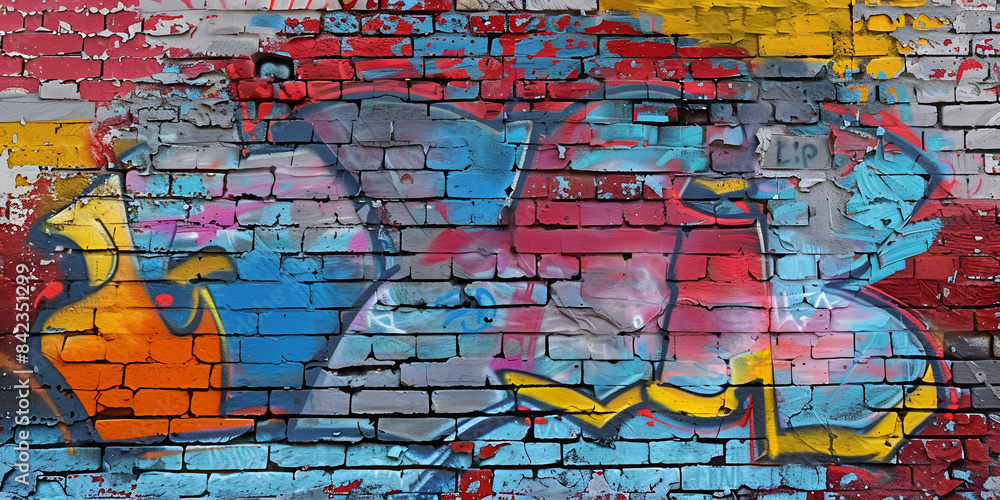 A colorful brick wall with a rainbow colored background. Faded Blue and Pink Paint Marks Adorn a WornOut Brick Wall Concept Abstract Art Urban Decay Grunge Aesthetic Street

