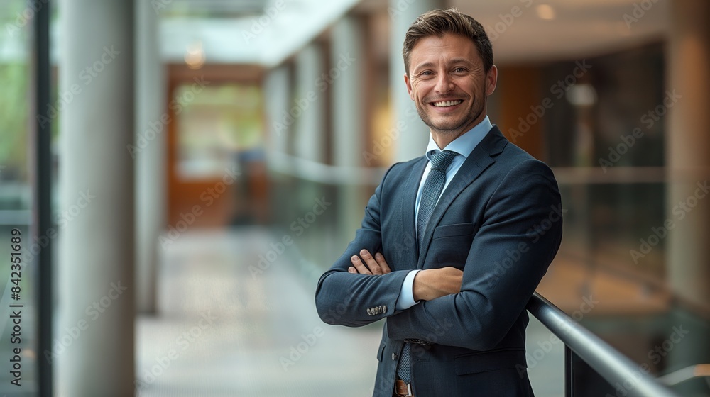Handsome businessman with a warm smile crosses his arms in a professional corporate environment Handsome businessman with a warm smile crosses his arms in a professional corporate environment