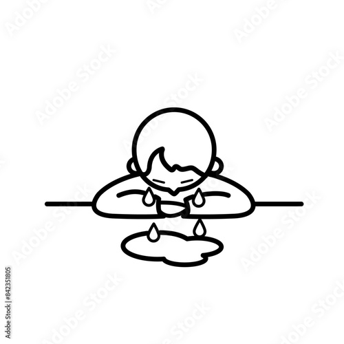 うつむいて涙を流す子供のイラスト　モノクロ線画