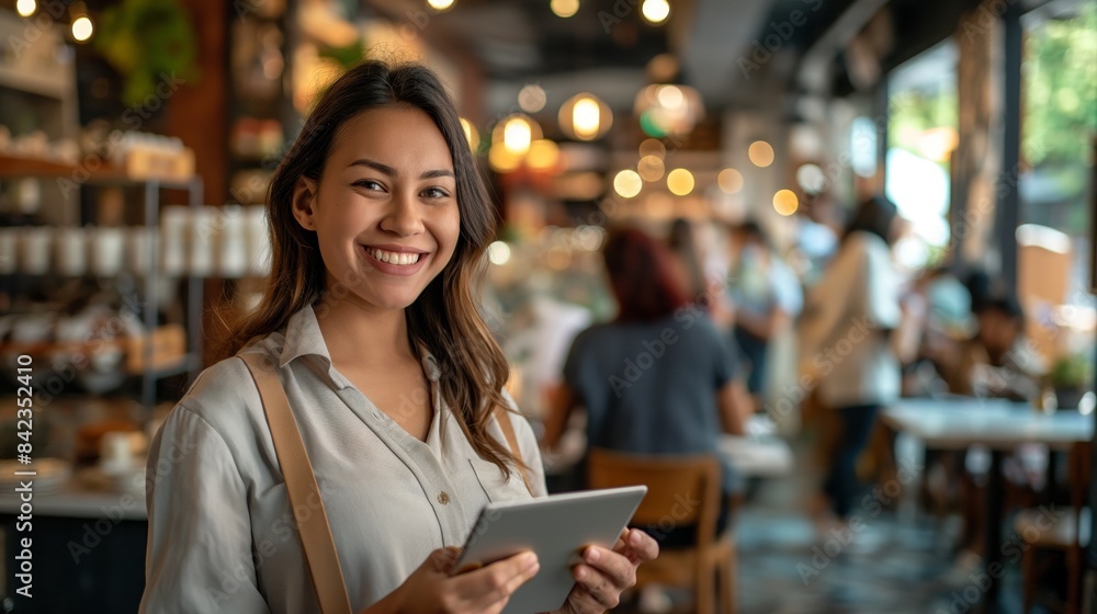Cheerful young server with a digital tablet ready to take orders in a contemporary cafe setting Cheerful young server with a digital tablet ready to take orders in a contemporary cafe setting