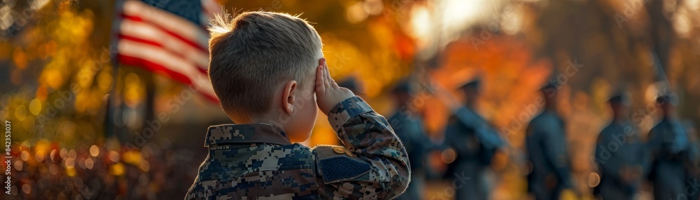 Fototapeta premium A young boy salutes in front of the American flag.